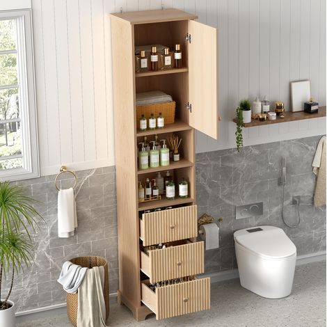 Columna de baño MDF color natural 40 cm con 3 cajones, armario y estantes abiertos (1/5)