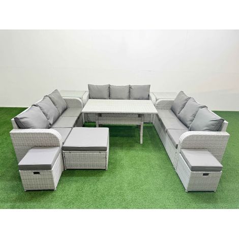 Fimous PE Rattan Lounge Sofa Set 12 Seater Outdoor Garden Furniture Set with Rectangular Dining Table 3 Seater Sofa 3 Stools 2 Side Table Light Grey (1/4)