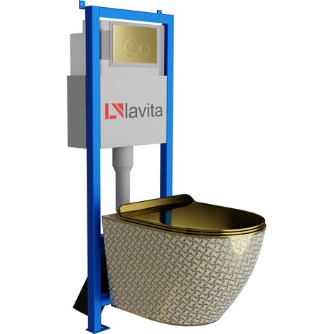 Bâti-support Lavita LAV 101 à 40 cm + WC Sofi Slim Gold Never Die sans bord + plaque de commande LAV 200.4.5 d'orée  Kit complet 