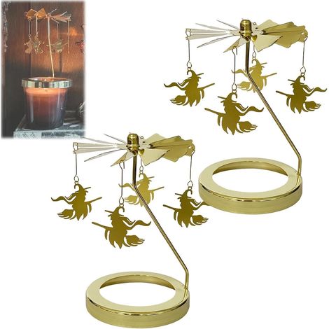 Carrousel de bougies d'Halloween en forme de sorcière volante – Support rotatif gothique, centre de table magique pour cheminée, table et bibliothèque (2 pièces, 5,5 cm) (1/5)