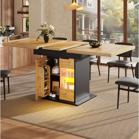 Tavolo da pranzo estensibile 110-140x80x76 cm nero e naturale in MDF e vetro con LED e contenitore (1/5)