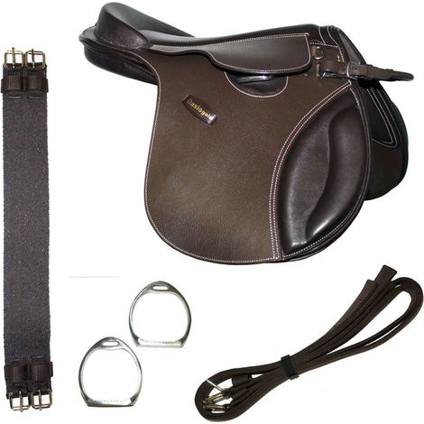 taglia unica, marrone: Sella leggera per pony in pelle pieno fiore completa di staffili, staffe e sottopancia (1/3)