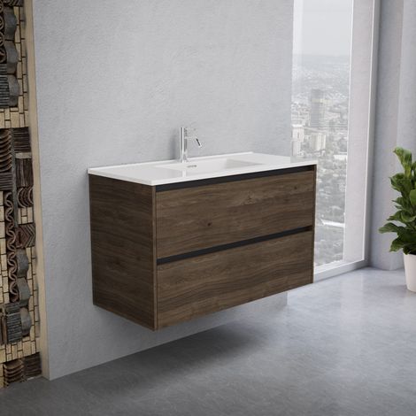 Inda - Badezimmerschrank 2 Schubladen B.100 mit glänzendem Waschbecken / Braune Eiche - Smeraldo (1/5)