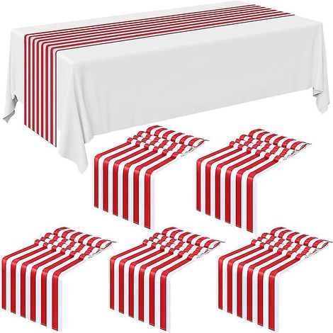 Chemin de table rayé 6 pièces en polyester pour mariage, motif rayé rouge et blanc.