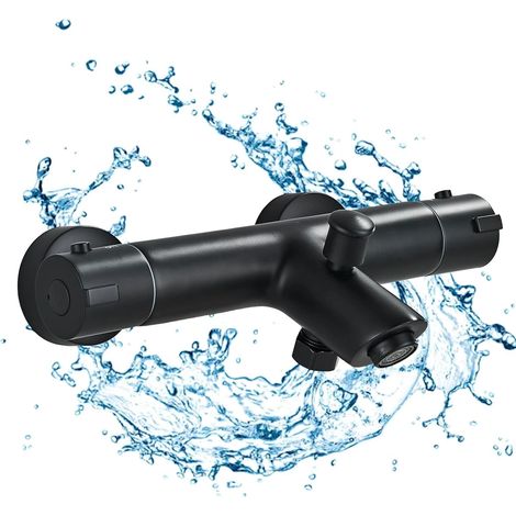 Mitigeur Baignoire thermostatique Noir Mural, Robinet Baignoire, Robinet Bain Douche Mural Cascade en Laiton pour Salle de Bain Zamery