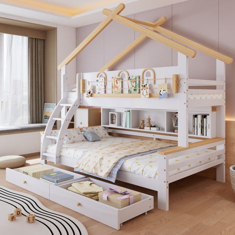 Letto a castello per bambini con tetto, scala laterale e 2 cassetti, legno massello+MDF bianco/naturale, 90x200/120x200 cm (1/5)
