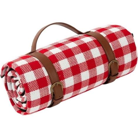 Strandmatte für Camping, feuchtigkeitsbeständig, mit Aufbewahrungsgurten aus Leder, 150 x 200 cm, rot-weiß kariert (1/4)