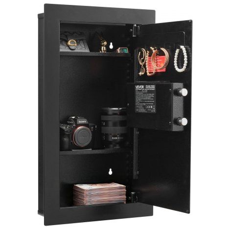 Wandsafe Wandtresor mit Passwort & Schlüssel, Einbaugehäuse aus kaltgewalztem Stahl Q235 mit verstellbaren Ablagen & LED-Beleuchtung, Schranksafe Einbausafe für Geld Schmuck Reisepass (1/5)