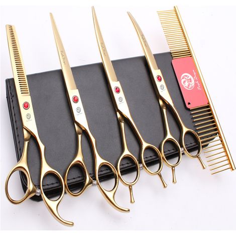 Dog Grooming Professional 7,0 pouces or Ensemble de 5 ciseaux de toilettage pour animaux de compagnie avec coupe courbe/droite/segmentée/fine Bleu