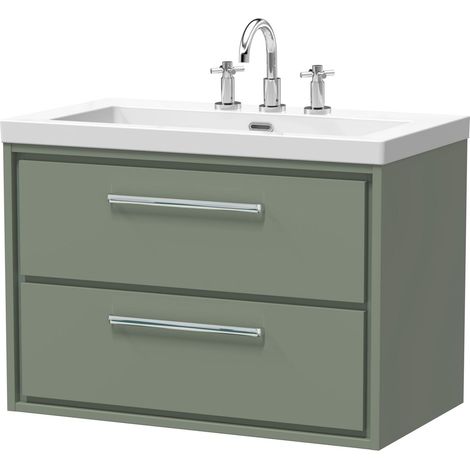 Balterley Longnor Modern Wall Hung 2-Drawer Bathroom Vanity with Fireclay Basin, Fern Green, 800mm