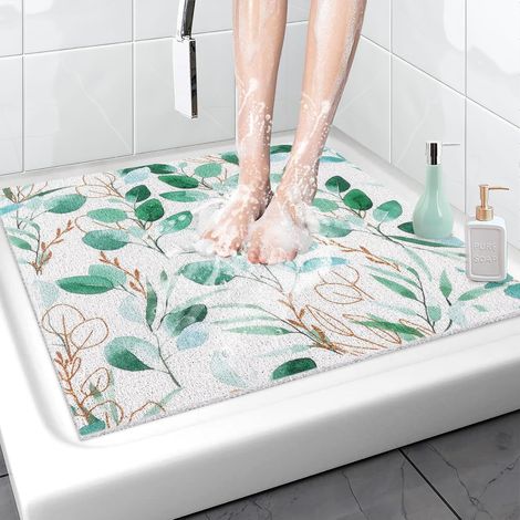 Tapis de Douche Antidérapant 70x70cm Tapis de Baignoire Carré avec Drainage, Anti Moisissure Tapis de Bain, Luffa PVC Doux pour Salle de Bain, Séchage Rapide (Feuilles Vertes, 70x70 cm) (1/5)