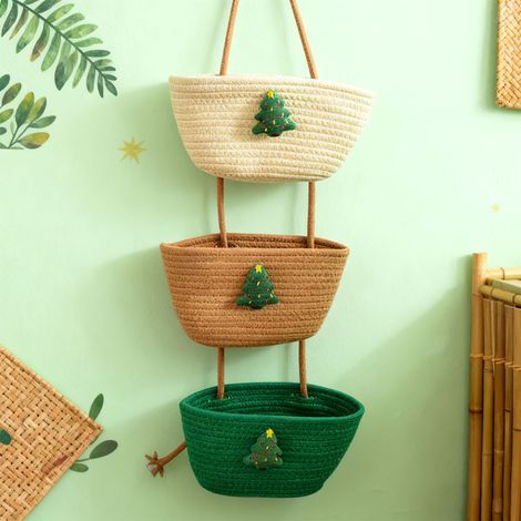 3-stöckiger Hängekorb mit abnehmbarem Baumwollseil und Weihnachtsbaum-Dekoration für Zuhause, beige, khaki, grün (1/5)