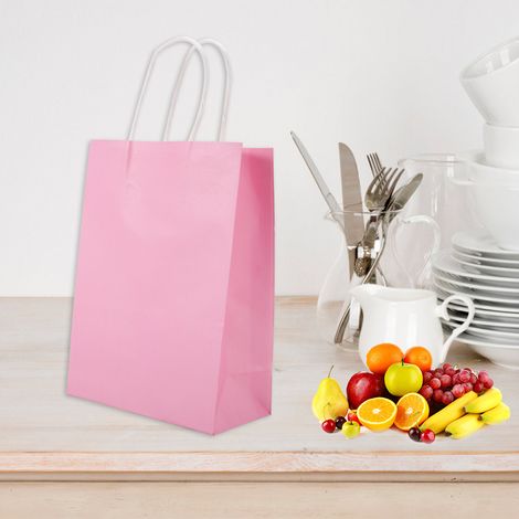 25 Geschenktüten aus Kraftpapier mit Henkel, rosa, ideal als Gastgeschenk für Hochzeiten, z. B. als Süßigkeitentüte. (1/5)