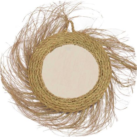 Espejo de Esparto Pared Decorativo con Fibras Naturales – Espejo Redondo Vintage - Con y Sin Flecos (1/5)