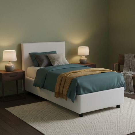 Dmora - Cama individual Dbach, Cama contenedor con revestimiento de tela, 100% Made in Italy, Apertura frontal, con colchón Cm 80x200 incluido, Blanco (1/5)