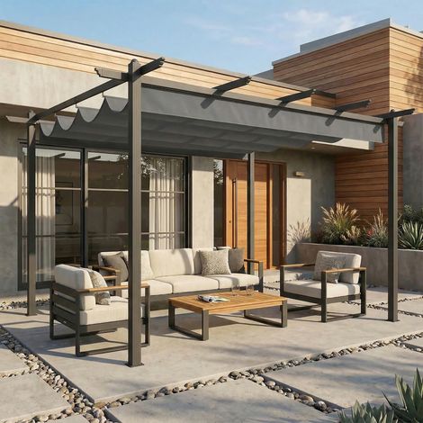 Pérgola de Jardín 4x3 m con Techo Retráctil Estructura de Aluminio UPF30+ Orificios de Drenaje Pabellón Exterior Gris (1/5)