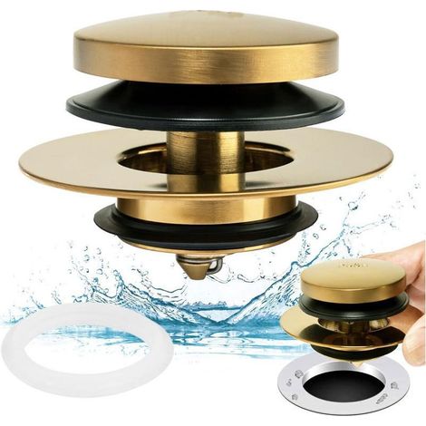 Bouchon de vidange universel pour baignoire type Tip Toe, remplace les modèles à levier, à rotation, Tip-Toe et à gâchette, finition or brossé, installation et nettoyage faciles (1/4)