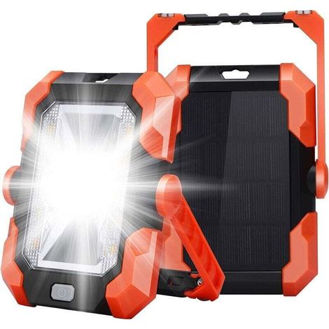 Projecteur LED Rechargeable Charge Solaire USB Projecteur Chantier Lumière Lampe de Travail Lanterne Portable avec 4 Modes SOS Rotation à 360° Poignée Réglable et Magnétique pour Camping