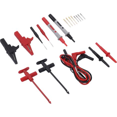Kit câbles de test multimètre avec pinces crocodiles et fiches banane, câbles pour dépannage auto électrique, JT8001-3, PVC PA laiton, 30VAC-60VDC 19A, 20 pcs rouge noir (1/5)