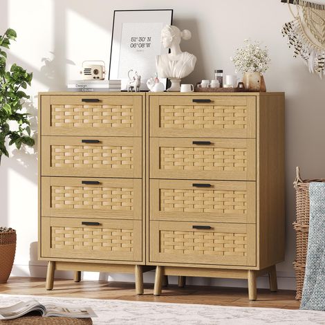 Cassettiera stretta 4 cassetti 55x39,8x95 cm - Comò slim con frontali effetto rattan e piedi in legno massello - Legno e PVC - Rovere