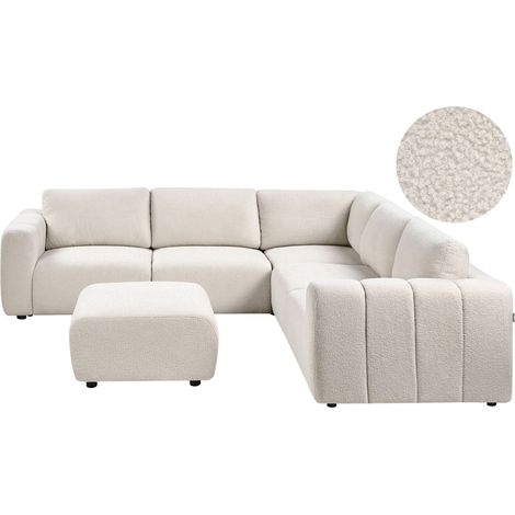 Canapé d'Angle à Gauche Moderne en Bouclé 5 places Modulable avec Pouf Blanc Cassé Kivvik (1/5)