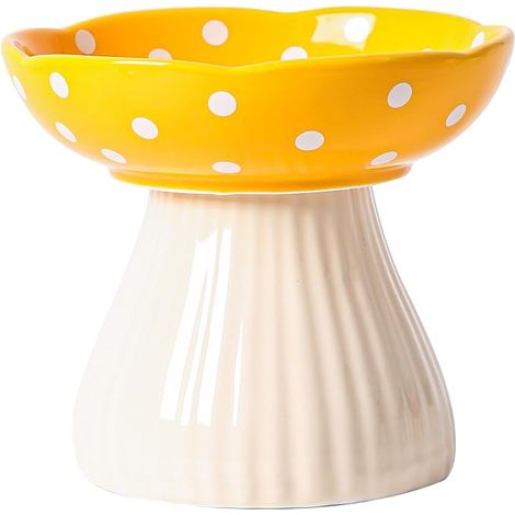 Raised Ceramic Cat Bowl, Cat Mushroom Bowl, Large Shallow Bowl with Stand, Anti-Vomiting Ideal for Kittens and Senior Cats (Yellow) (1/5)