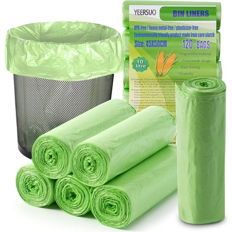 Sacs Poubelle, 120 sac Poubelle 10 L, Sac Compostable, 45 x 50 cm, vert Sacs Poubelle pour cuisine et bureau, recyclables et dégradables (1/5)
