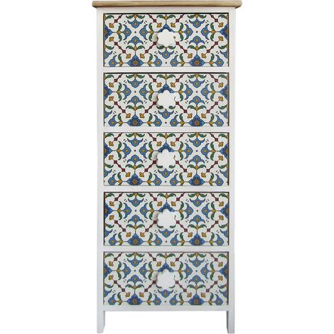 Rebecca Mobili Cassettiera 5 Cassetti Moderna Legno Chiaro Bianco Blu 93x40x30