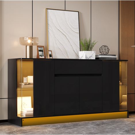 Aparador con vitrinas 150x40x75 cm de aglomerado negro con LED para comedor – MEUBLIV (1/5)