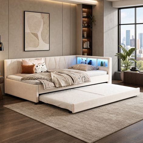 Diván cama nido 90x200 cm beige en lino y MDF con LED, puertos USB y USB-C (1/5)