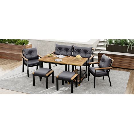 Set de tables et chaises en bois d’akazi. Meubles de jardin. Set de 6 à 7 places, avec des fauteuils et un plateau repas qui peut être retiré. La toile du set peut être enlevée et lavée. (1/5)