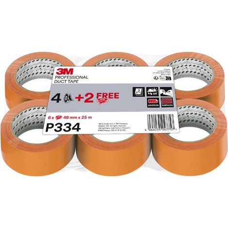 Adhésif Toile de Façadier P334 Orange – 25 m x 48 mm – Lot de 4 rouleaux + 2 gratuits
