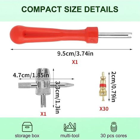 Kit De Dépose De Valve De Pneu, Demonte Obus Valve, Comprend Valves, Clé De Démontage De Valve, Outil Polyvalent À Quatre Fonctions (1/4)