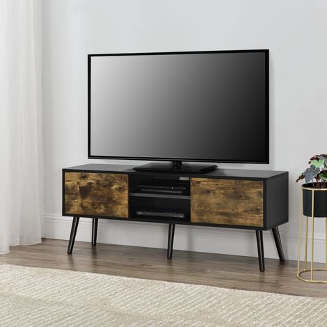 Mobile Porta TV con 2 Armadietti e 2 Scomparti Aperti 120 x 29,5 x 46,5 cm Supporto TV con Passaggio Cavi Tavolino Consolle con 2 Ante e Ripiani - Piedi in Legno Massiccio - Nero/Legno Scuro (1/5)