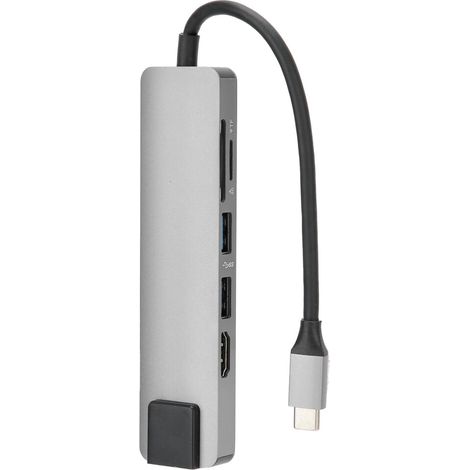 Hub USB-C portable avec sortie HDMI fluide, adaptateur multiport (pour un transfert de données ultra-rapide), lecteur de cartes et connectivité Ethernet fiable, gris.