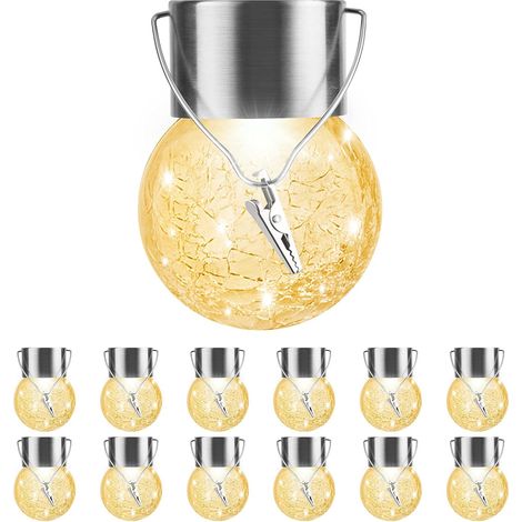 Lot de 12 lampes solaires suspendues d'extérieur – Lanternes globe en verre craquelé, étanches, blanc chaud, pour jardin/terrasse/clôture/arbre/fêtes (1/5)