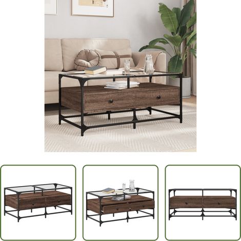 Wohnzimmertisch - Couchtisch mit Glasplatte Braun Eichen-Optik 98,5x50x45cm Stahl (1/5)