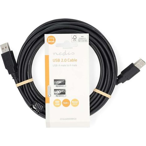 Nedis USB-Kabel / USB 2.0 / USB-A Stecker / USB-A Stecker / 18 W / 480 Mbps / Vernickelt / 5.00 m / Rund / PVC / Schwarz / Label