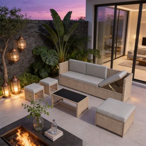 FENCHILIN 4-6 Seater Garden Lounge Set, garden furniture set, ratten sofa, seating group, patio furniture,Khaki