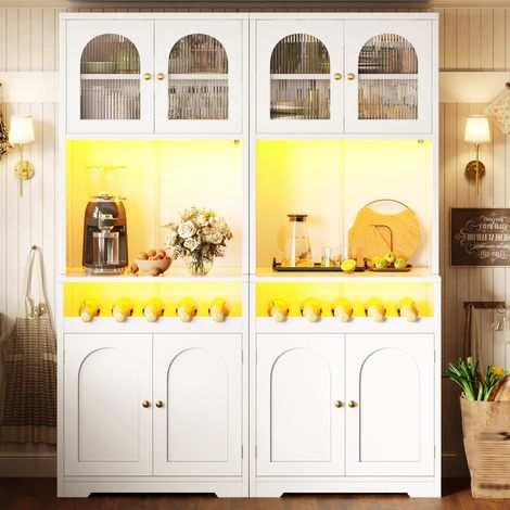 Vitrina alta de cocina con 4 puertas de vidrio, botellero, estantes regulables y LED RGB con aplicación, MDF, blanco, 140 × 38.3 × 180 cm (1/5)