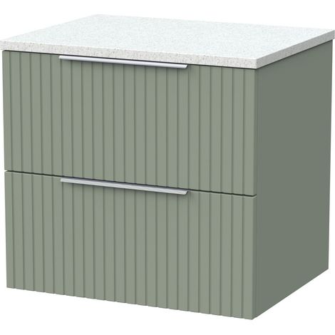 Callingwood Contemporary Wall Hung 2 Drawer Vanity Unit with White Nebula Laminate Worktop , 600mm, Reed Green
