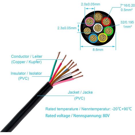 10 m langes, 8-adriges Anhängerkabel, 12 V/24 V, 7 x 0,5 + 1 x 1,0 mm² Rundkabel, für Wohnwagen, LKW, Wohnmobil und Anhänger