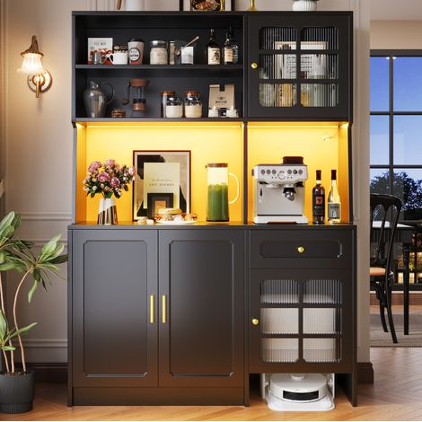 Aparador alto de cocina MDF negro 130x45x180 cm con puertas de vidrio, cajones y LED controlado por app (1/5)