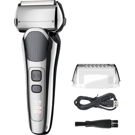 Rasoir électrique portable pour homme, rasoir électrique, tondeuse de voyage rechargeable avec tondeuse pop-up, étanche humide et sec, 3 lames, écran LED (silver) (1/5)
