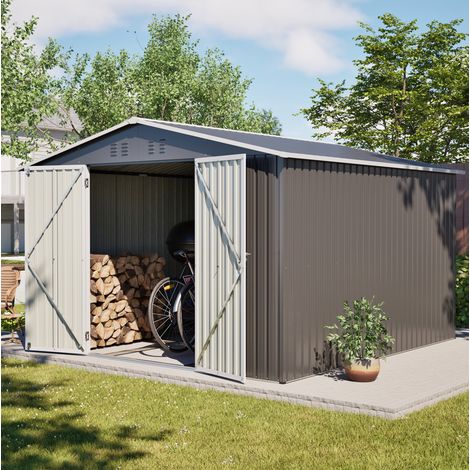 Metall-Gartenhaus 311,4 x 300 x 200 cm mit Bodenrahmen, Grau, abschließbare Türen (1/5)