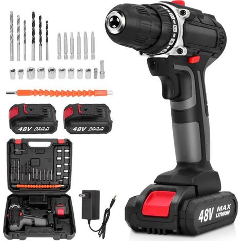 SJLERST Perceuse Visseuse Sans Fil 21V, Visseuse Devisseuse avec 2 Batteries 2.0Ah, 42Nm Percussion, 18 Réglages de Couple, 25 Accessoires, 2 Vitesses (1/5)