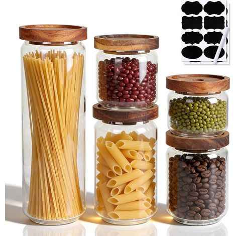 Lot de 5 Bocaux en Verre Hermetiques avec Couvercle en Bois 1700ml/1000ml/750ml/500ml/350ml, Pot en Verre Empilables Bocaux de Rangement Cuisine pour Muesli, Céréales, Cornflakes, Thé (1/5)