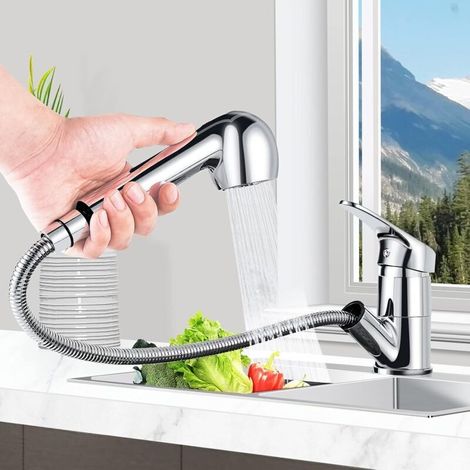 Pull-out kitchen tap, twin-spout kitchen tap, 360° swivel kitchen mixer tap, for hot and cold water, stainless steel (1/4)