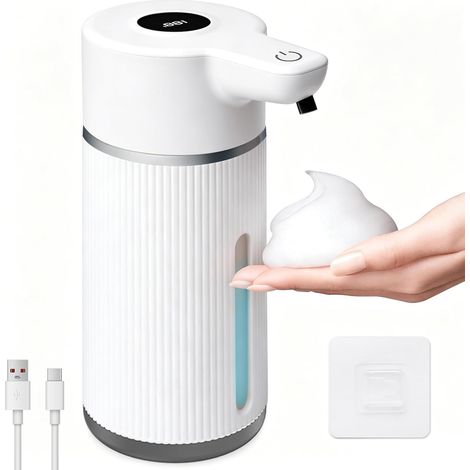 Distributeur de savon automatique 420 ml, distributeur de savon No Touch avec écran, rechargeable par USB, 4 niveaux de volume de liquide réglable, capteur 0 à 60 mm, IPX6, mur/table, pour cuisine (1/5)