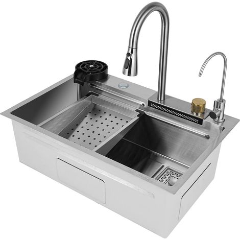 Lavello da cucina sottotop, lavello a cascata, lavello in acciaio inox, set lavello per la casa, lavello integrato con rubinetto estraibile, 68x35x21 cm